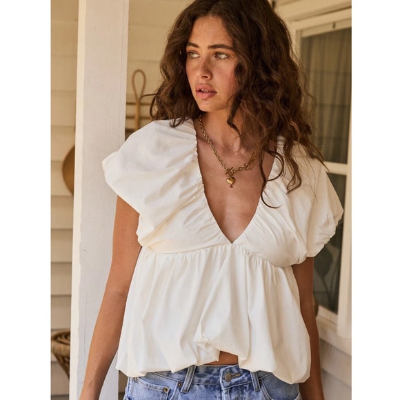 White Puff Top V-Neck Short Sleeve Tie Back Babydoll Style - Picture 3 of 8